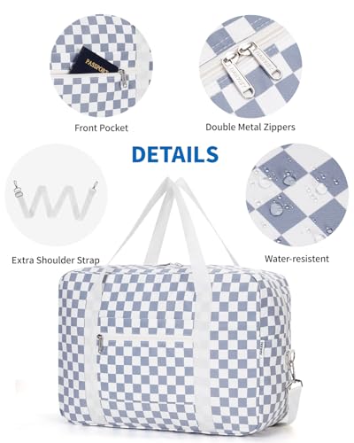 Narwey for Spirit Airlines Personal Item Bag 18x14x8 Foldable Duffle Bag for Travel Packable Duffel Bag for Traveling Carry on Luggage for Women (Grayish Blue Checkerboard (with Shoulder Strap))
