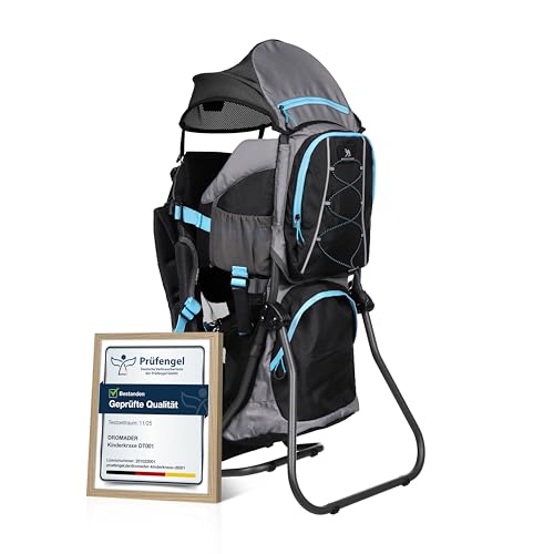 Dromader Kraxe Kindertrage bis 22kg - Baby Rückentrage Wandern mit Sonnendach Regenschutz - Babytrage Outdoor Trekking mit Thermotasche Wickelmatte - Einhändig klappbarer Aluminiumrahmen Schwarz Blau
