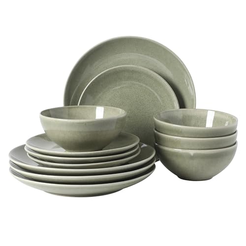 Image of Gibson Elite Castle Peak Plates and Bowls Set, 12-Piece Dinnerware Set, Green Reactive Glaze Stoneware Dishes, Dinner Plates, Salad Plates & Cereal Bowls