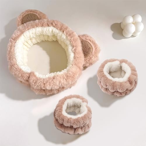 3 Pcs Spa Headband Wrist Washband Set,Soft Makeup Headbands for Washing Face,Cute Bear Ear Skincare Hair Band for Women Girls Fluffy Headband Elastic Wrist Bands for Face Washing Make Up,Brown - Image 4