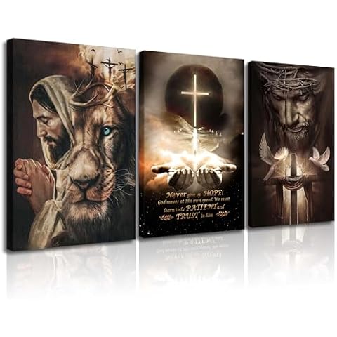 3Pcs Jesus Wall Art Jesus Lion Posters Pictures Christian Paintings Cross Bible Art Canvas Prints Cross And Peace Dove Decor Redemption And God Series For Room Religious Churches Wall Decor Framed Cover