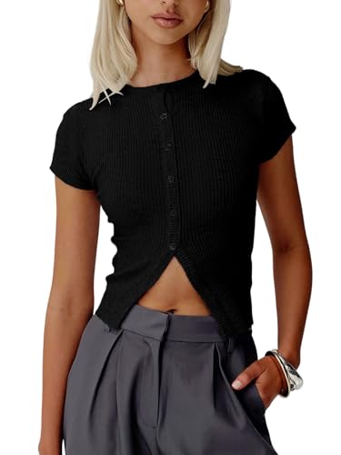 Image of Womens Short Sleeve Sweater Tops Crew Neck Button Casual Summer Sweaters Ribbed Knit Cropped Cardigans