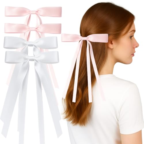 Pink and White Hair Bow Clip for Girls & Women, Satin Ribbon Bows with Long Tails, Aesthetic Ballet Cute Harajuku Hair Accessories for Teens, Toddlers, Back to School, Halloween, Christmas Bowknot