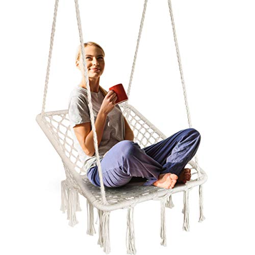 Surophy Swing&Hanging Chair with Handmade Knitted by Cotton Rope,Square Macrame Hammock Chair with Tassels for Indoor/Outdoor, Patio, Deck, Yard, Garden,Bar,245KG[EU Patent]