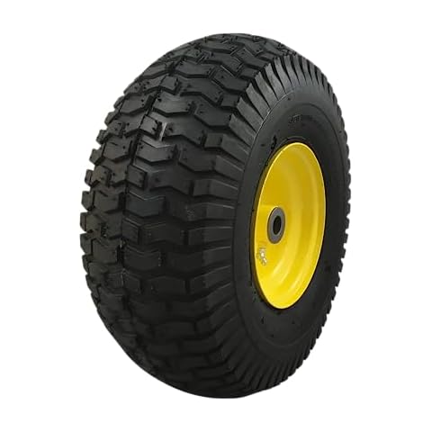 Marastar 15x6.00-6 Pneumatic, OEM Like Replacement Front Tire and Wheel Assembly, Compatible with John Deere Mowers, Turf Saver, 4PR Tube-Type Tire, Yellow Wheel, 3-Inch Offset Hub, 3/4-Inch Bushings Cover