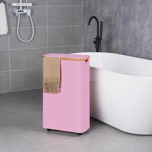Image of efluky Slim Laundry Basket with Wheels, Narrow Rolling Laundry Hamper with Lid and Removable Bag, Tall Aesthetic Dirty Clothes Hamper on Wheels for Laundry Room, Bedroom, Dorm and Bathroom, 75L Pink