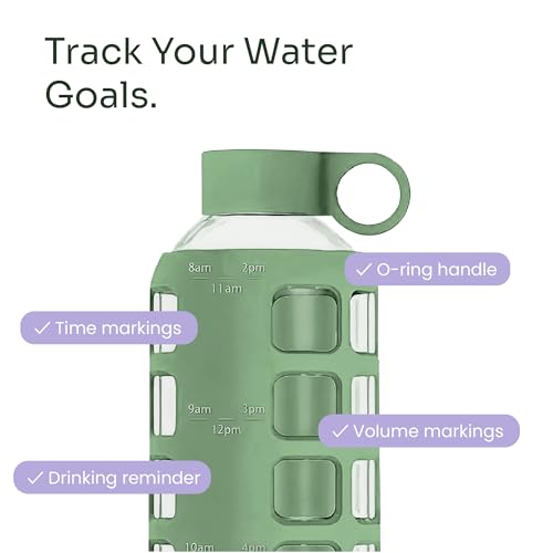 purifyou 40oz / 32oz / 22oz / 12oz Borosilicate Glass Water Bottle with Time & Volume Markers, Silicone Sleeve, Stainless Steel Lid | Reusable Glass Bottle for Water & Juice (22oz Shale Green)