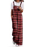 YESNO Women's Casual Woolen Overalls Adjustable Straps Baggy Pants Wide Leg Jumpsuits with Pockets XL PW2 Plaid Redblack