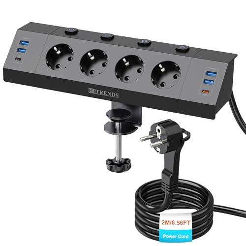 Tischsteckdose Schreibtisch mit USB C PD 20W, Steckdosenleiste mit 4 Einzeln Schalter, 4 Fach Ecksteckdose mit 6 USB, Flachstecker Mehrfachsteckdose Wandmontage mit 2M Kabel, Schwarz