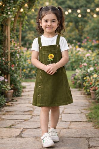 Image of superminis Girls Twill Denim Solid Color Dungree /Dress With Embroidered Pocket (1 Dress,1 Tee)