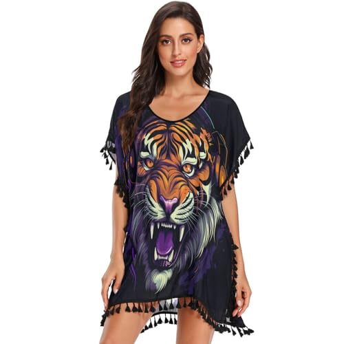 Cool Music Animal Tiger Women's Beach Cover Up Chiffon Tassel Swimwear Swimsuit Coverups for Girl