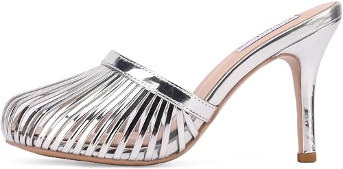 Women's Strappy Mule Sandals Round Toe Stiletto High Heeled Slip-on Slippers Patent Metallic Leather Ladies Shoes 3.5 Inch2