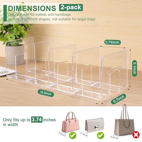 2 Pack Acrylic Purse Organizer for Closet, 8-Slot Bag & Purse Organizer, No Assembly, Clear Handbag Storage Shelf .for Shelf Divider Handbags, Clothes, Sweater2