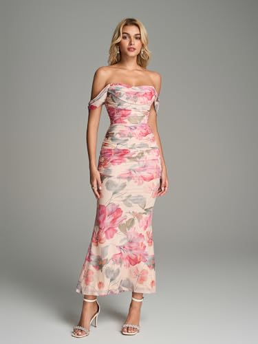 Image of KUTUMAI Off The Shoulder Maxi Long Dress Corset Ruched Bodycon Cocktail Formal Wedding Guest Dresses for Women
