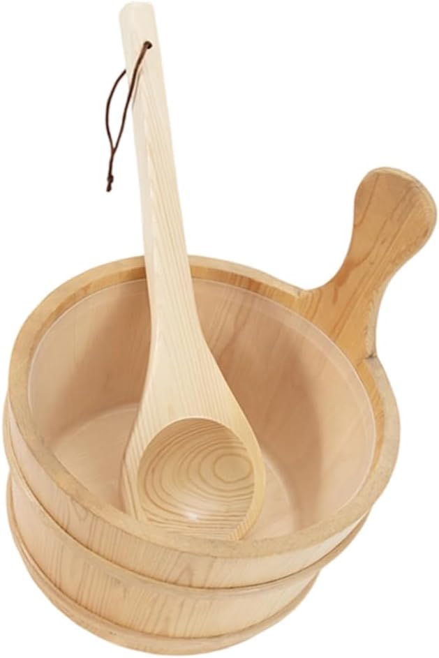Sauna Bucket and Ladle Set, Wooden Bucket and Ladle, 1 Gallon (4 Liters) Water Capacity, Handmade from Natural Pine with Rope Handle, Sauna Accessories Kit for Sauna Room Use Steambath Bucket