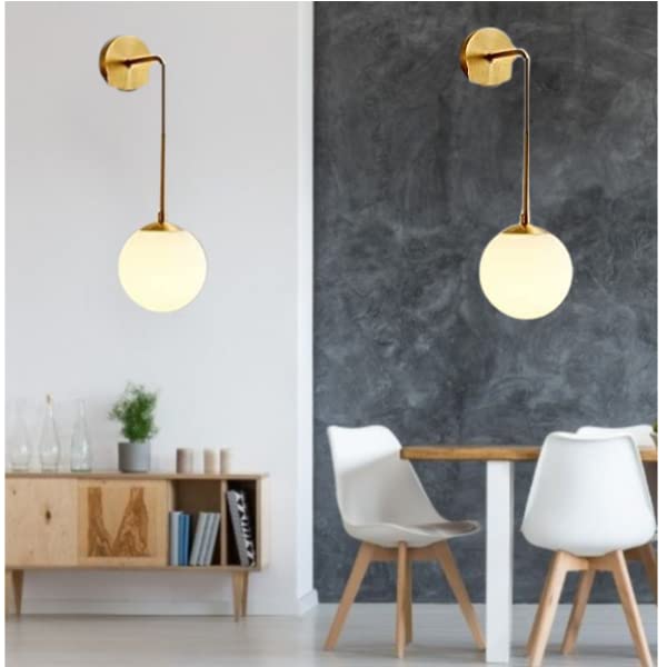 Image of WOKE Adjustable Golden Wall Lamp, Premium Plated Finish, White Globe Glass, Modern Wall Light for Home, Living Room, Bedroom, Office, Hotel, E27 Holder, 8-24 Inch Adjustable Height Bulb not Included
