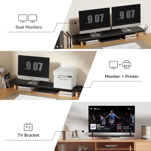 Image of Dual Monitor Stand Riser, 39 Inch Extra Long Wooden Desktop Monitor Riser with Storage for 2 Monitors Ultra Strong Desk Shelf Organizer Riser Ergonomic for 2 Screens /Laptop /PC /TV /Printer (Black