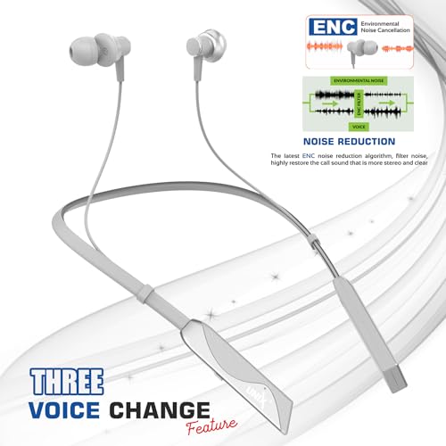 Image of Unix Elite 1 Charm Wireless Neckband | ENC Bluetooth Headset with Voice Changer (4 Modes) | 48H Playtime | Deep Bass | Magnetic Earbuds | Sweat Resistant | Stylish Neckband with Mic (Silver)