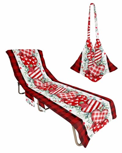 Valentine's Plaid Love Beach Chair Towel Covers for Chaise Lounge with Side Pocket, Soft Plush Pool Towels Cover for Patio Sunbathing Outdoor 29''x85'' Eucalyptus Leaves Red Rose Flower