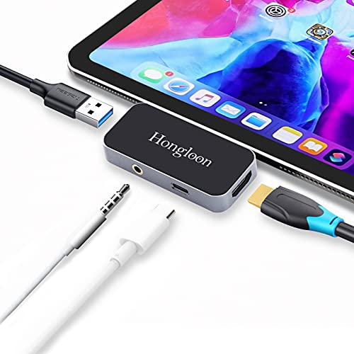 Hongloon USB C Hub for iPad Pro 2022 2022 2018 iPad Air 4, 4-in-1 USB C Adapter with 4K HDMI, USB 3.0, PD Charging, 3.5mm Headphone Jack Port Compatible with MacBook Pro, Laptop & Other Type-C Devices