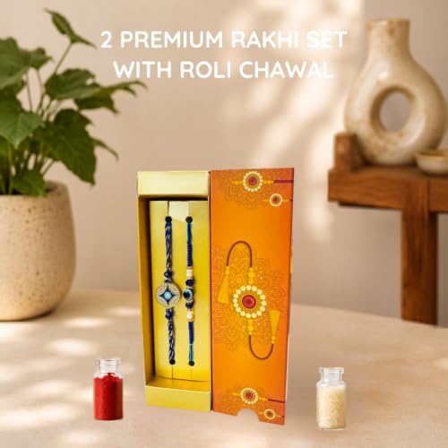Image of Be Healthy Rakhi Gift Hamper, 15 items, Raksha Bandhan Gift For Brother, Rakhi, No Added Sugar Laddoo, Flavoured Nuts, Tea Sachets, Roli Chawal, Greeting Card & Decorative Gift Box, Premium Gift Hamper Set