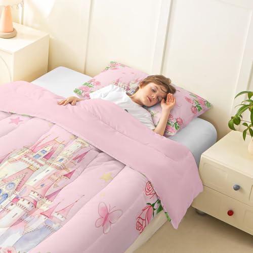 Image of Feelyou Girls Pink Castle Comforter Set King Size Blossom Flowers Pattern Bedding Set for Kids Boys Girls Kawaii Cute Princess Style Duvet Quilt Bedroom Decor Microfiber 3 Pcs with 2 Pillow Cases