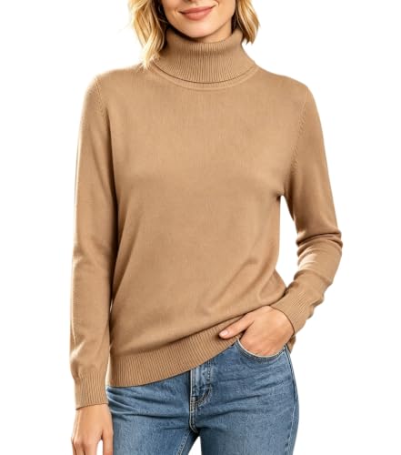 DAIMIDY Women's Turtleneck Cashmere Sweaters Knit Cashmere Sweater, Camel, US Small