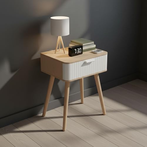 INDE MOBLEKIT | Mesita de Noche Madera Blanca con Cajón, 40x29x52 cm, Mesilla Estilo Nórdico para Dormitorio o Salón, Mesa Auxiliar Compacta, Mesitas de Noche Blancas y Funcionales