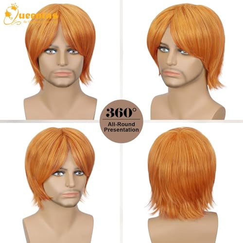 Image of QUEENTAS Unisex 10 Inch Orange Natural Straight Short Wig, Heat Resistant Synthetic Glueless Wig for Halloween Party and Cosplay
