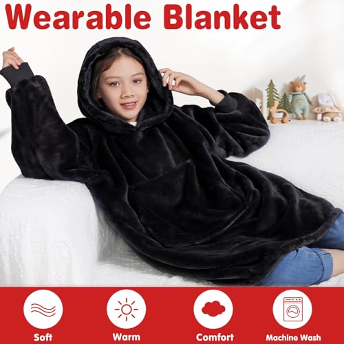 Image of Waitu Wearable Blanket for Kids, Cozy Wearable Blanket Hoodie for Teens Girls Boys, Warm Blanket Sweatshirt Gift for Teenage, Hoodie Blanket with Sleeves and Giant Pocket - Black