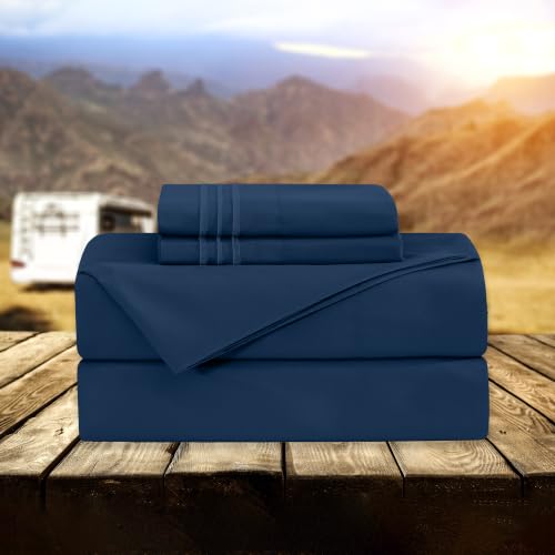 Image of Elegant Comfort Luxury 1500 Premium Hotel Quality Microfiber 4-Piece Sheet Set - Wrinkle Resistant, All Around Elastic Fitted Sheet, Deep Pocket up to 16 inch, RV Short Queen, Navy Blue