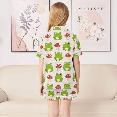 Reiacy Kids Satin Pajamas Set, Mushroom Frog Girls Boys Short Sleeve Button-Down Shirt & Shorts Sleepwear Pjs 5-6 yrs - Image 2