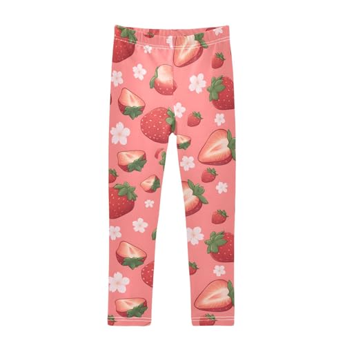 Cute Strawberry Blossom Floral Girls Leggings Ultra Soft Compression Yoga Gym Pants for Kids 4-10T