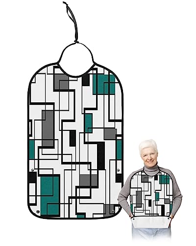 Turquoise Geometric Adult Bib for Eating with Crumb Catcher,Washable & Waterproof Terry Cloth Adjustable Elderly Women Men Bibs Funny Clothing Protector Geometric Abstract Aesthetics Black Grey White