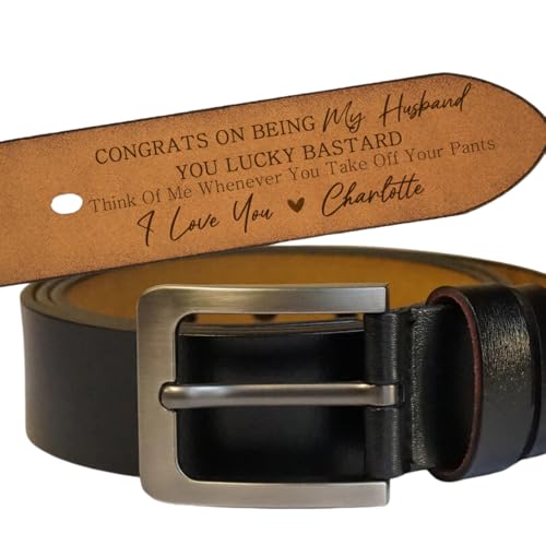 Congrats On Being My Husband You Lucky Bastard - Think Of Me Whenever You Take Off Your Pants - Personalized Engraved Leather Belt for Men Husband Boyfriend, Christmas Anniversary Birthday Gifts