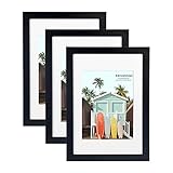 Kennethan 100% Echtholz Bilderrahmen Schwarz A4 3er Set -mit Passepartout 15x20cm, Fotorahmen mit Acrylglas zum aufhängen und aufstellen