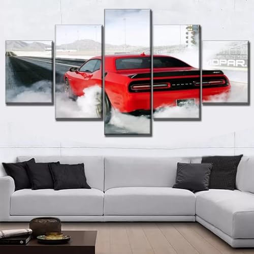 Impression sur toile 5 parties voiture rouge fumée pour grand mur salon
