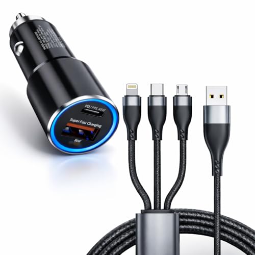 Image of 45W Fast Car Charger with 3-in-1 Cable | PD & QC Super Fast Charging | Type-C + USB-A Output | Supports Dash, Warp, VOOC |Compatible with Cars for iPhone & Android Smartphone (Black)