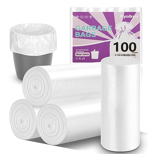 Ryobyo 100 Count 4 Gallon Unscented Trash Bags, Strong and Transparent, Ideal for Bathroom, Office, Kitchen, Bedroom, Camping, Study Room