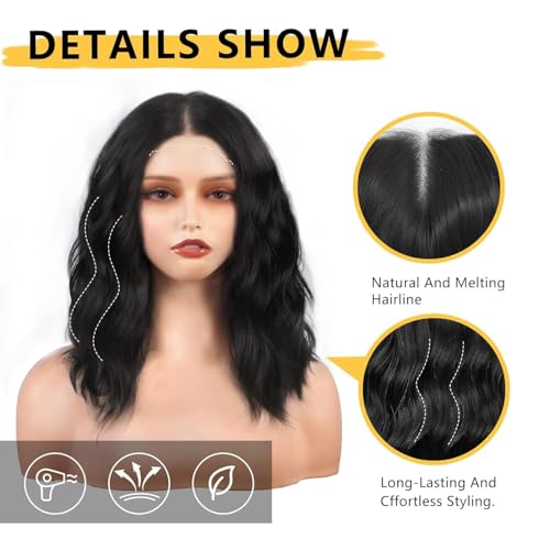 cuiud Black Wigs for Women Short Wavy Curly Wigs 14Inch Middle Part Curly Bob Wig Medium Length Wig Synthetic Lace Front Natural Hairline Wigs for Daily Party Use