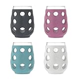 Lifefactory Wine Glass with Protective Silicone Sleeve, 4 Count (Pack of 1), Carbon, Dusty Purple, Aqua Teal, Stone Gray