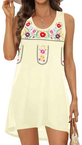 Image of MOUSYA Women Mexican Embroidered Dress for Women Summer Tank Dress Boho Dress Casual Sleeveless Sundress
