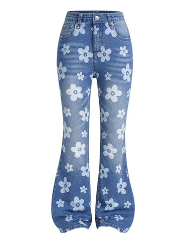 GORGLITTER Girl's Floral Print Bell Bottom Cute Denim Pants Flare Leg Skinny Zipper Fly Jeans with Pockets