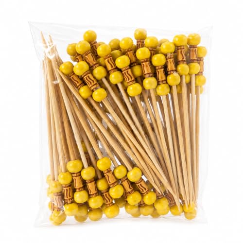Image of Somani Decorative Bamboo Cocktail Picks Yellow Bead | Double Ball Topper Fancy Food Picks for Appetizers, Drinks & Garnish | Cafe, Lounge, Bakery, Catering & Home Entertaining | Pack of 100