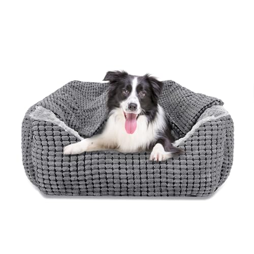 GASUR Hundebetten für große, mittelgroße und kleine Hunde, rechteckige Höhle mit Kapuze, Welpenbett, luxuriös, Anti-Angst, orthopädisch, Wärme und maschinenwaschbar (Medium, Grau)