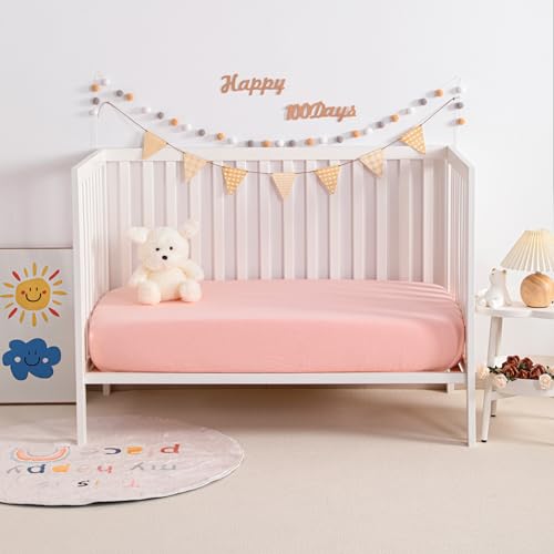 Image of NTBAY 2 Pack Muslin Cotton Mini Crib Sheets, Soft and Breathable Double Layer 24x38 Baby Crib Sheets for Mini Crib and Toddler Mattresses, Boys, Girls, Unisex, Coral Pink, 24x38 Inches