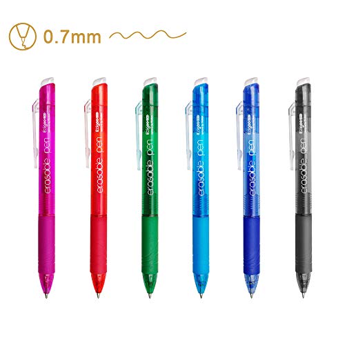 Ezigoo Bolígrafo de Fricción Retráctil Colores con Clip Botón y Punta 0.7 mm (Paquete de 6)
