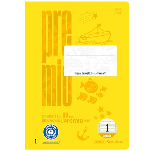 Staufen premio Schulhefte - 5 Hefte je 32 Blatt, Lineatur 1, DIN A5, 90 g/m², liniert 5/5/5 mm