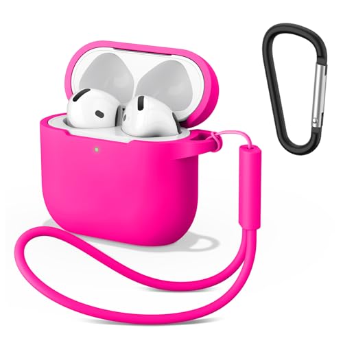 Image of Tobfit Case for AirPods 4 Case Cover 2024 with Lanyard & Keychain, Soft Silicone Protective Case for Apple AirPods 4th Generation, Full Protection, Support Wireless Charging - Rose Red