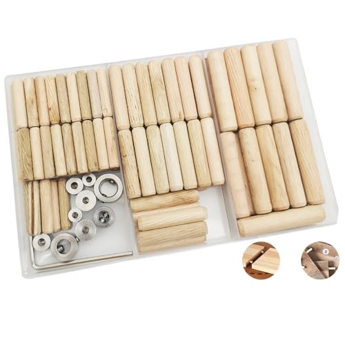 Holzdübel, CESFONJER Dübel Holz Set, 6mm/60 pcs, 8mm/34 pcs,10mm/22 pcs Holzdübel, 6 pcs Dübelspitzen und 3pcs Bohrer Tiefenanschlag, mit Sechskantschlüssel, für Basteln, Heimwerken, Zimmerei